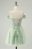 Sparkly Light Green A Line Off The Shoulder Corset Tulle Cocktail Dress