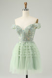 Sparkly Light Green A Line Off The Shoulder Corset Tulle Cocktail Dress