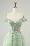 Sparkly Light Green A Line Off The Shoulder Corset Tulle Cocktail Dress