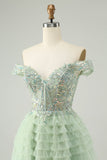 Sparkly Light Green A Line Off The Shoulder Corset Tulle Cocktail Dress