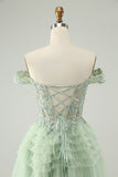 Sparkly Light Green A Line Off The Shoulder Corset Tulle Cocktail Dress