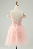 Blush A Line Off The Shoulder Corset Short Tulle Cocktail Dress