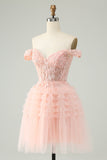 Blush A Line Off The Shoulder Corset Short Tulle Cocktail Dress