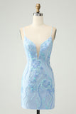 Light Blue Spaghetti Straps Tight Short Cocktail Dress with Sequins