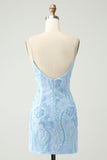 Light Blue Spaghetti Straps Tight Short Cocktail Dress with Sequins