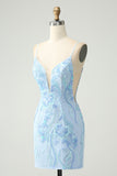 Light Blue Spaghetti Straps Tight Short Cocktail Dress with Sequins