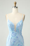 Light Blue Spaghetti Straps Tight Short Cocktail Dress with Sequins