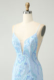 Light Blue Spaghetti Straps Tight Short Cocktail Dress with Sequins