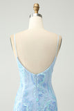 Light Blue Spaghetti Straps Tight Short Cocktail Dress with Sequins