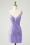 Sparkly Purple Spaghetti Straps Tight Short Cocktail Dress with Sequins