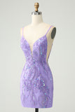 Sparkly Purple Spaghetti Straps Tight Short Cocktail Dress with Sequins