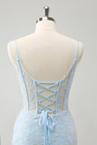 Light Blue Bodycon Spaghetti Straps Corset Homceoming Dress with Sequins