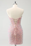 Sparkly Strapless Light Pink Tight Short Homecoming Dress with Sequins