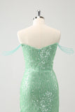 Sparkly Green Off the Shoulder Ruched Tight Homecoming Dress with Sequins