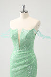 Sparkly Green Off the Shoulder Ruched Tight Homecoming Dress with Sequins