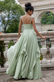 Dusty Sage A Line Spaghetti Straps Long Bridesmaid Dress with Ruffles