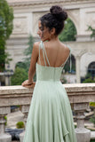 Dusty Sage A Line Spaghetti Straps Long Bridesmaid Dress with Ruffles