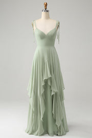 Matcha A-Line Spaghetti Straps Chiffon Bridesmaid Dress with Ruffles