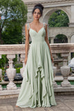 Dusty Sage A Line Spaghetti Straps Long Bridesmaid Dress with Ruffles