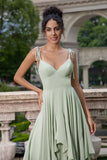 Dusty Sage A Line Spaghetti Straps Long Bridesmaid Dress with Ruffles