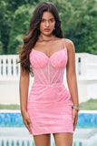 Sparkly Pink Corset Tight Short Cocktail Dress with Lace