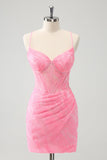 Pink Spaghetti Straps Tight Corset Cocktail Dress with Lace Up Back