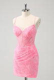 Pink Spaghetti Straps Tight Corset Cocktail Dress with Lace Up Back