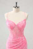 Pink Spaghetti Straps Tight Corset Cocktail Dress with Lace Up Back