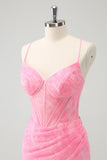 Pink Spaghetti Straps Tight Corset Cocktail Dress with Lace Up Back