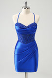 Sparkly Royal Blue Tight Corset Short Cocktail Dress with Lace Up Back