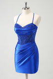 Sparkly Royal Blue Tight Corset Short Cocktail Dress with Lace Up Back