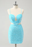 Sparkly Light Blue Spaghetti Straps Sequin Tight Cocktail Dress with Hollow Out