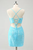 Sparkly Light Blue Spaghetti Straps Sequin Tight Cocktail Dress with Hollow Out