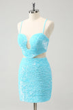 Sparkly Light Blue Spaghetti Straps Sequin Tight Cocktail Dress with Hollow Out