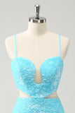 Sparkly Light Blue Spaghetti Straps Sequin Tight Cocktail Dress with Hollow Out