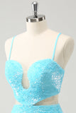 Sparkly Light Blue Spaghetti Straps Sequin Tight Cocktail Dress with Hollow Out