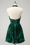 Glitter Dark Green Halter A-Line Pleated Metallic Homecoming Dress