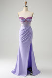 Light Purple Mermaid Strapless Ruched Beaded Corset Prom Dress with Slit