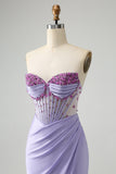 Light Purple Mermaid Strapless Ruched Beaded Corset Prom Dress with Slit