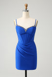 Sparkly Royal Blue Tight Corset Spaghetti Straps Homecoming Dress