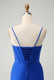 Sparkly Royal Blue Tight Corset Spaghetti Straps Homecoming Dress