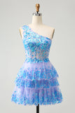 Sparkly Light Blue A-Line One Shoulder Tiered Sequined Homecoming Dress