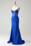 Sparkly Royal Blue Mermaid Beaded Corset Long Prom Dress with Slit