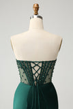 Sparkly Dark Green Mermaid Strapless Beaded Corset Long Prom Dress with Slit