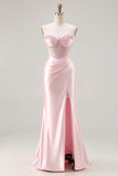 Strapless Pink Mermaid Beaded Corset Long Prom Dress with Slit