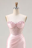 Strapless Pink Mermaid Beaded Corset Long Prom Dress with Slit