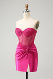 Sparkly Fuchsia Tight Beaded Corset Strapless Homecoming Dress