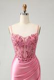 Sparkly Pink Tight Corset Spaghetti Straps Homecoming Dress with Appliques