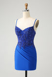 Sparkly Royal Blue Spaghetti Straps Tight Homecoming Dress with Beading