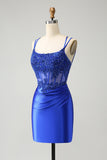 Royal Blue Corset Spaghetti Straps Tight Homecoming Dress